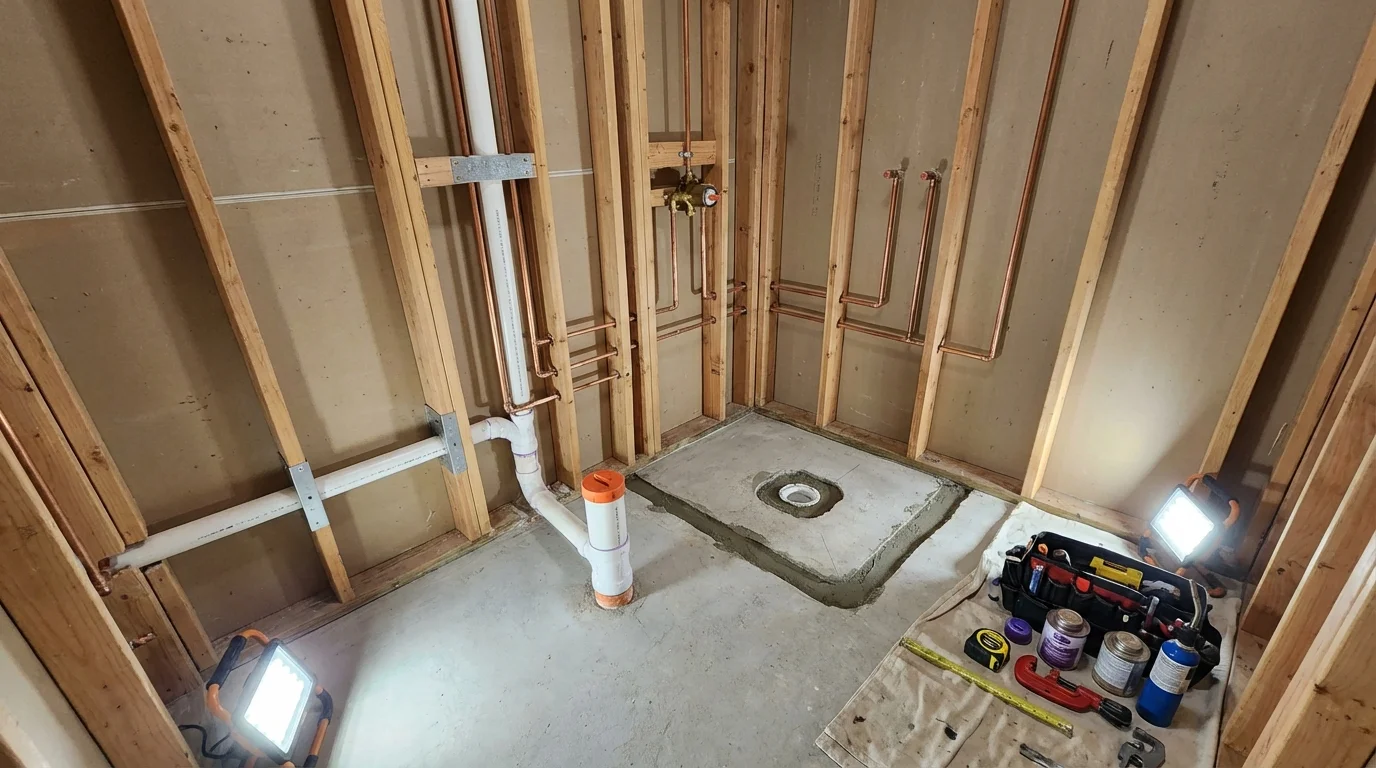 Bathroom rough-in plumbing during remodel by Johns Plumbing LLC in Harwich Port