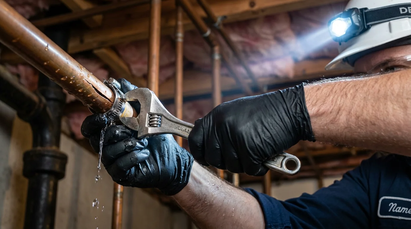 Emergency pipe clamp repair being performed by a Johns Plumbing LLC plumber in Harwich Port