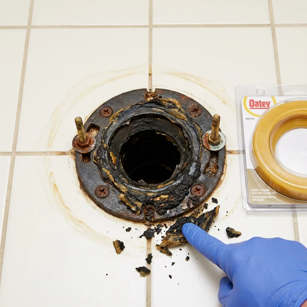 Failed wax ring showing water seepage at the base of a toilet in a Harwich Port, MA home