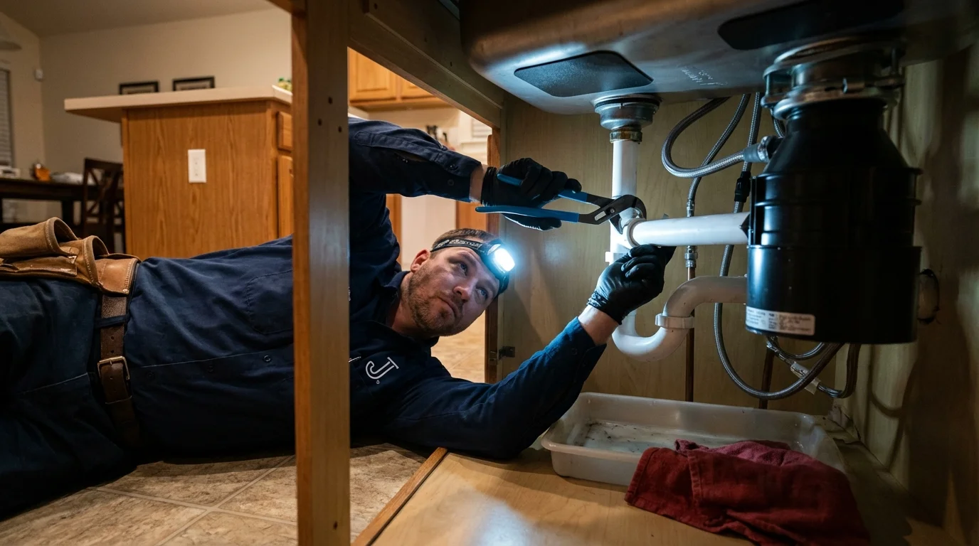 P-trap and supply line connections under a kitchen sink showing a common leak point in Harwich Port, MA